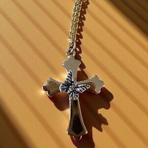 Gold and Silver Toned Cross and Butterfly Pendant Necklace